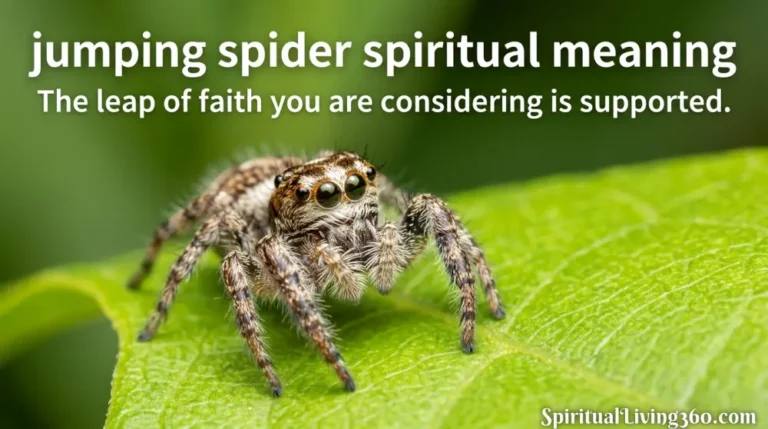 A tiny jumping spider with large, expressive eyes looks directly at the camera from the surface of a green leaf. The text "jumping spider spiritual meaning" is written in a friendly, bold font at the top of the pin. A centered subheading mentions a supported leap of faith in a clear, modern serif typeface. The SpiritualLiving360.com brand URL is neatly placed at the bottom of the nature photograph.