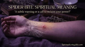 A moody close-up of a forearm features a subtle spider bite mark glowing with a faint ethereal light. The main heading "spider bite spiritual meaning" is placed at the top in a bold, authoritative font. In the middle, a question about reclaiming power is written over a hazy, dark background. The branding for SpiritualLiving360.com appears in a small white font at the bottom of the graphic.
