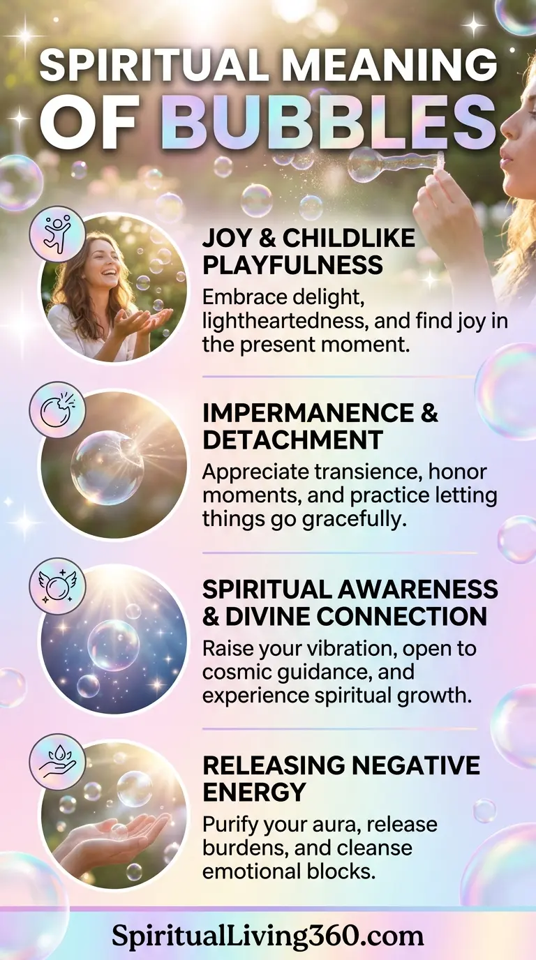 A vertical infographic titled "SPIRITUAL MEANING OF BUBBLES" featuring a soft pink and purple gradient background with floating iridescent bubbles. The image contains four circular inset photos showing a woman laughing, a bubble bursting, a bubble reflecting starlight, and hands releasing a bubble. Text descriptions explain concepts like joy, impermanence, divine connection, and releasing negative energy. The website "SpiritualLiving360.com" is displayed at the bottom of the graphic.