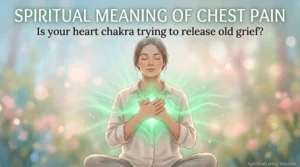 A conceptual image shows a person with their eyes closed and hands resting gently over their glowing green chest. The main text "spiritual meaning of chest pain" is layered at the top of the soft, ethereal graphic. A centered subheading asks if the reader's heart chakra is releasing grief in a calming, white font. The website SpiritualLiving360.com is displayed at the bottom of the serene healing scene.