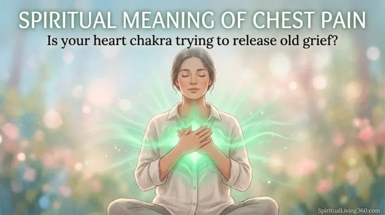 A conceptual image shows a person with their eyes closed and hands resting gently over their glowing green chest. The main text "spiritual meaning of chest pain" is layered at the top of the soft, ethereal graphic. A centered subheading asks if the reader's heart chakra is releasing grief in a calming, white font. The website SpiritualLiving360.com is displayed at the bottom of the serene healing scene.