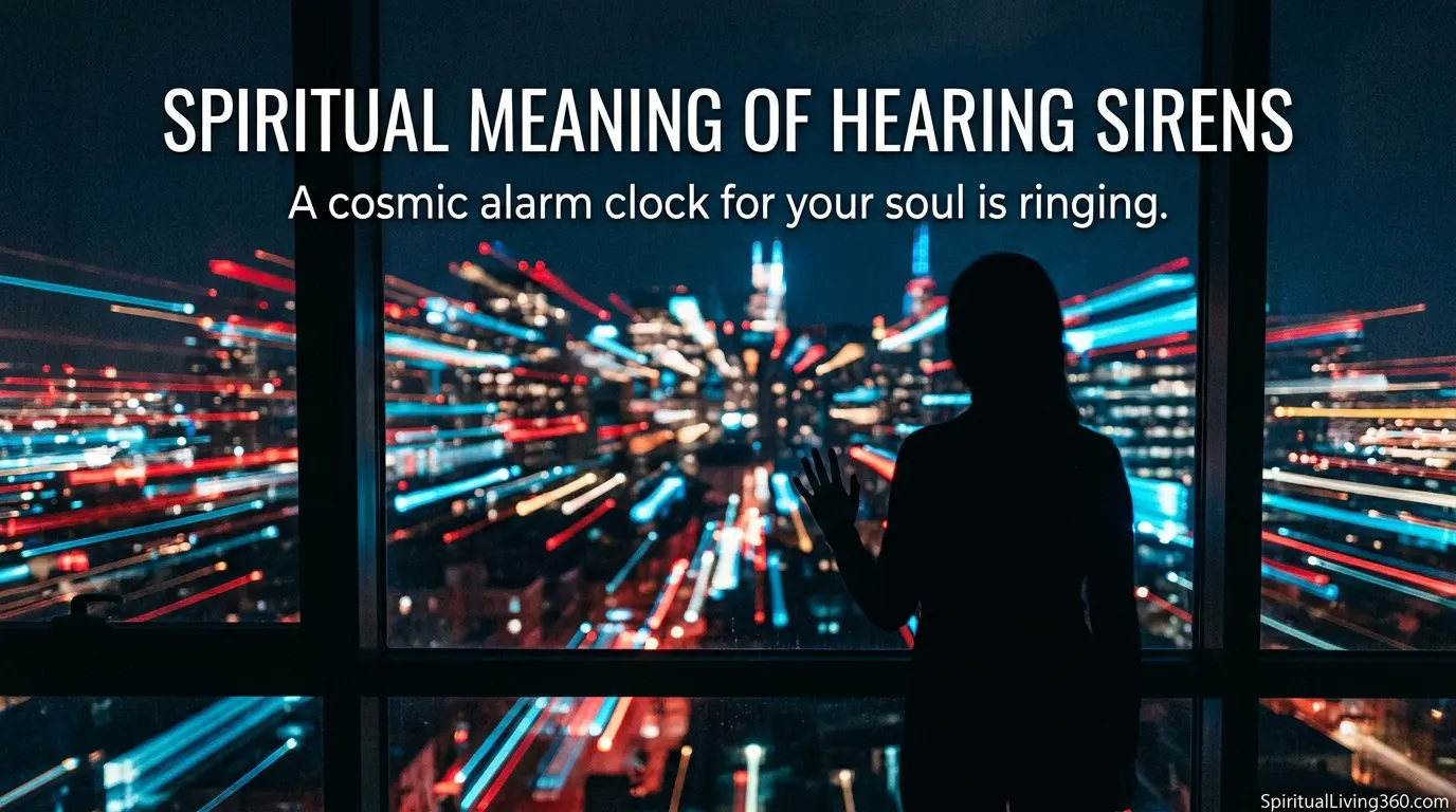 Abstract red and blue light trails from emergency vehicles streak across a dark, out-of-focus city street at night. The main heading "spiritual meaning of hearing sirens" is positioned prominently at the top of the layout. A centered subheading discusses a cosmic alarm clock for the soul in a bold, modern typeface. The brand URL SpiritualLiving360.com is written in white text at the very bottom of the pin.