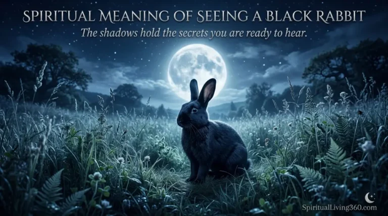 A sleek black rabbit sits quietly in moonlit grass, its eyes reflecting a soft and mysterious silver light. The heading "spiritual meaning of seeing a black rabbit" is displayed at the top in a clean serif font. A centered subheading mentions the secrets held within shadows in a delicate, white handwritten style. The logo for SpiritualLiving360.com is placed at the bottom against the dark evening landscape.