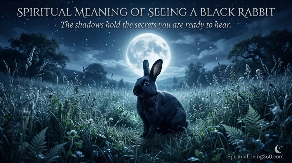 A sleek black rabbit sits quietly in moonlit grass, its eyes reflecting a soft and mysterious silver light. The heading "spiritual meaning of seeing a black rabbit" is displayed at the top in a clean serif font. A centered subheading mentions the secrets held within shadows in a delicate, white handwritten style. The logo for SpiritualLiving360.com is placed at the bottom against the dark evening landscape.
