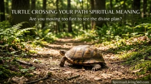 A box turtle walks slowly across a dirt path lit by dappled sunlight filtering through the trees. The title "turtle crossing your path spiritual meaning" is centered at the top in a soft earth-toned font. A subheading about the divine plan is placed in the center of the image for visual impact. The SpiritualLiving360.com website address is displayed cleanly at the bottom of the nature scene.