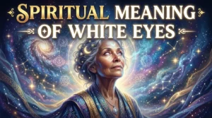 A cinematic illustration focuses on the celestial light radiating from the woman's face, emphasizing the white eyes spiritual meaning as a sign of divine clairvoyance. A swirling spiral galaxy pulls the viewer’s eye toward the left, while shimmering stardust and interconnected line-art constellations fill the right side of the frame. The textures of her weathered skin and the soft glow on her forehead indicate a deep state of meditation and cosmic connection. Rich gradients of teal, violet, and gold create a sense of infinite depth and spiritual transcendence throughout the composition.